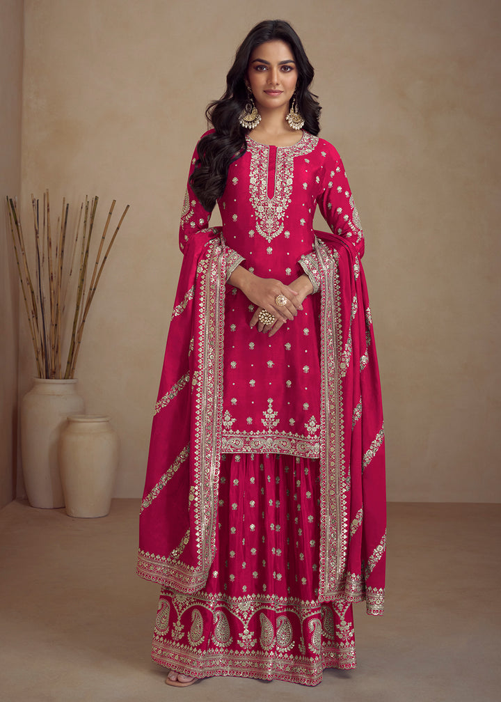 Buy Now Rani Pink Embroidered Real Chinnon Designer Palazzo Suit Online in USA, UK, Canada, Germany, Australia & Worldwide at Empress Clothing. 