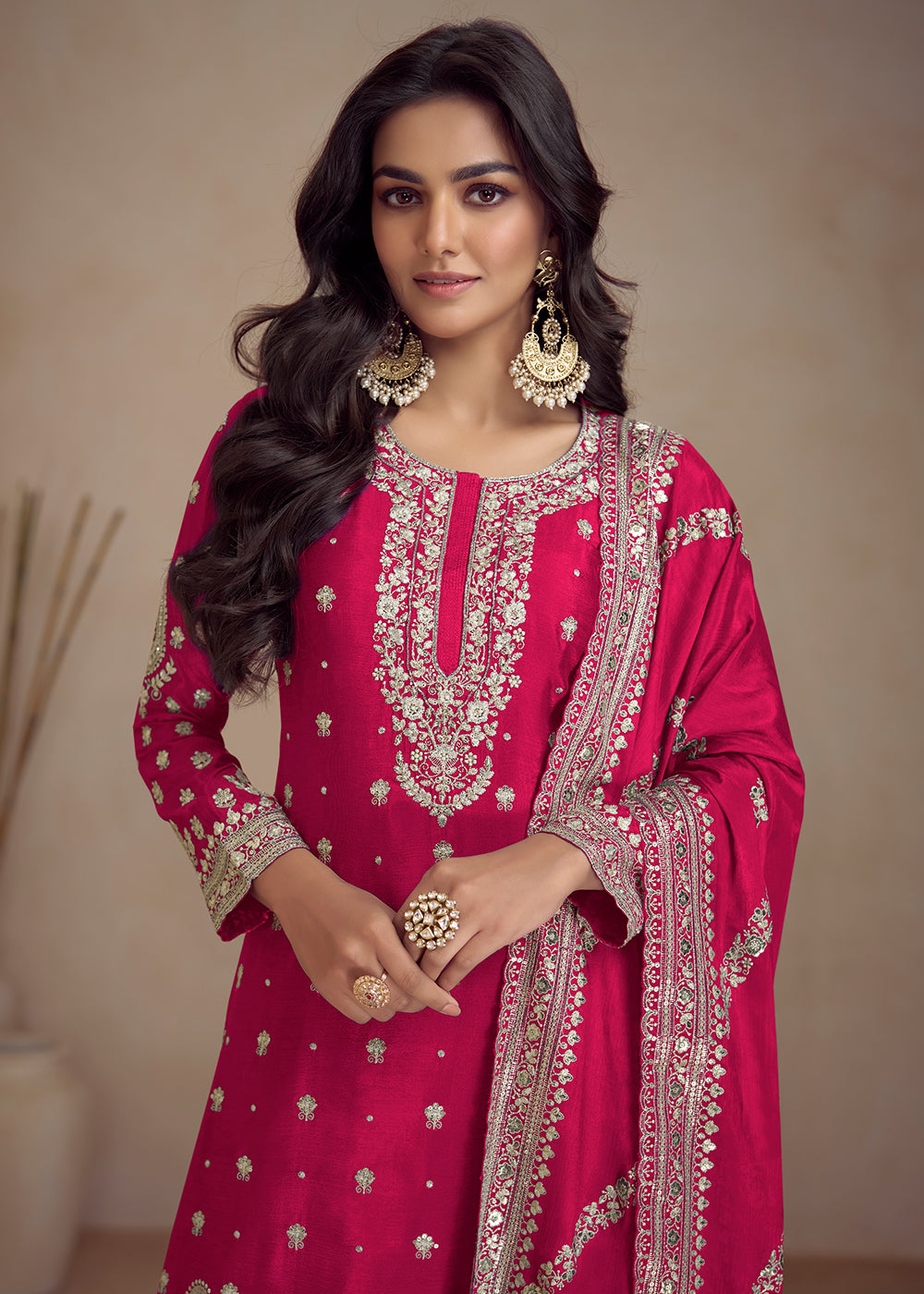 Buy Now Rani Pink Embroidered Real Chinnon Designer Palazzo Suit Online in USA, UK, Canada, Germany, Australia & Worldwide at Empress Clothing. 