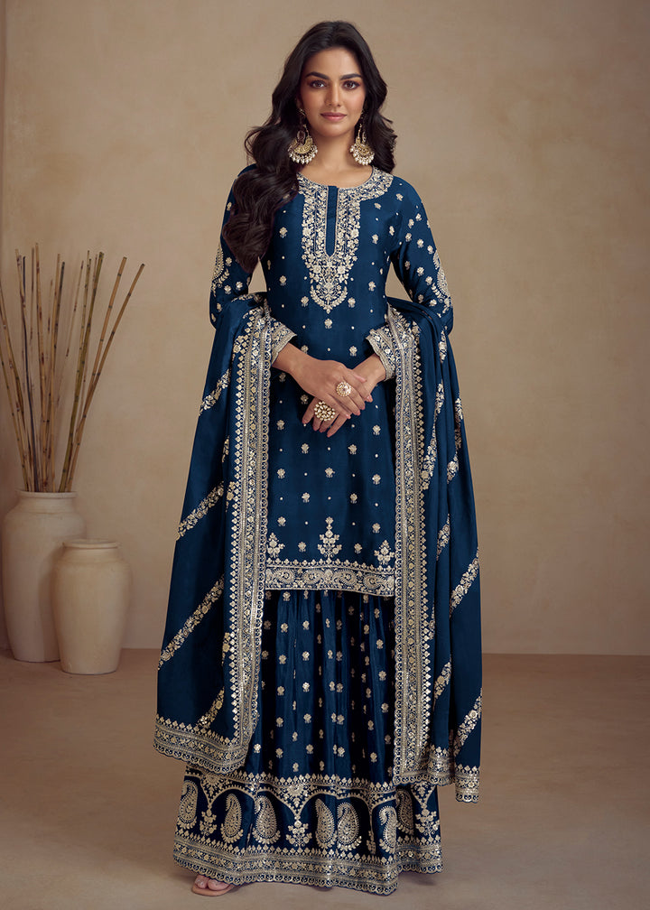 Buy Now Blue Embroidered Real Chinnon Designer Palazzo Suit Online in USA, UK, Canada, Germany, Australia & Worldwide at Empress Clothing.