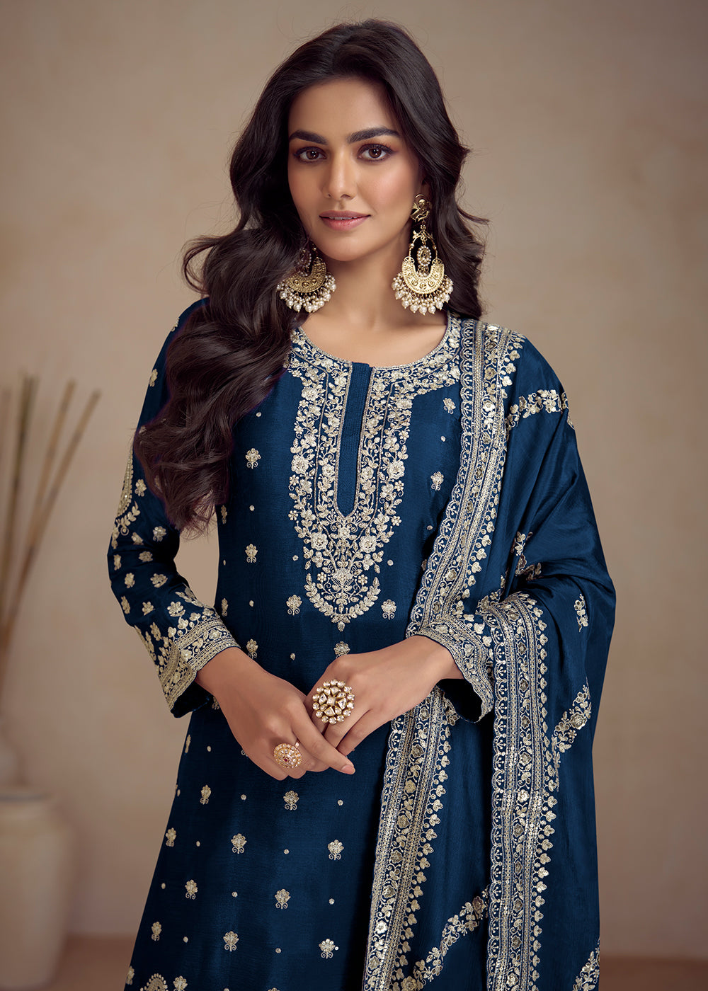 Buy Now Blue Embroidered Real Chinnon Designer Palazzo Suit Online in USA, UK, Canada, Germany, Australia & Worldwide at Empress Clothing.