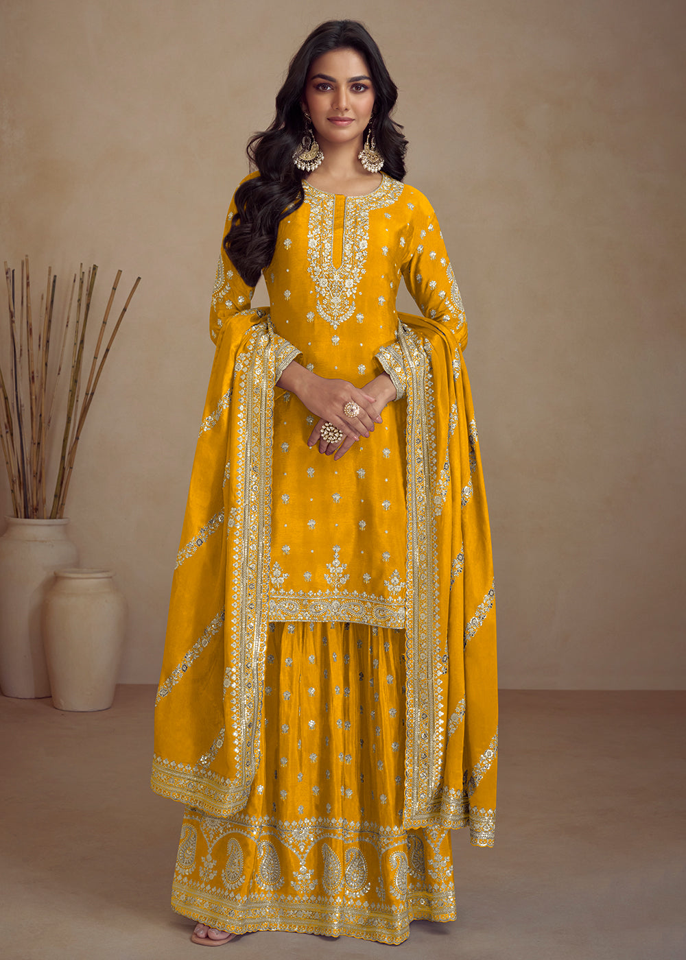 Buy Now Yellow Embroidered Real Chinnon Designer Palazzo Suit Online in USA, UK, Canada, Germany, Australia & Worldwide at Empress Clothing.