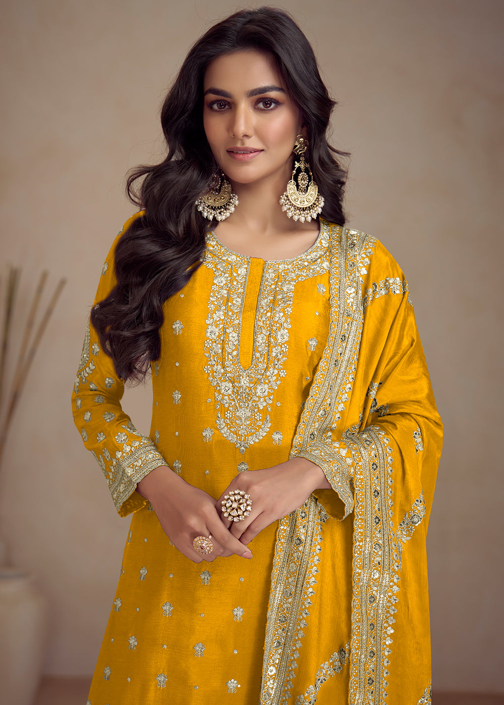 Buy Now Yellow Embroidered Real Chinnon Designer Palazzo Suit Online in USA, UK, Canada, Germany, Australia & Worldwide at Empress Clothing.