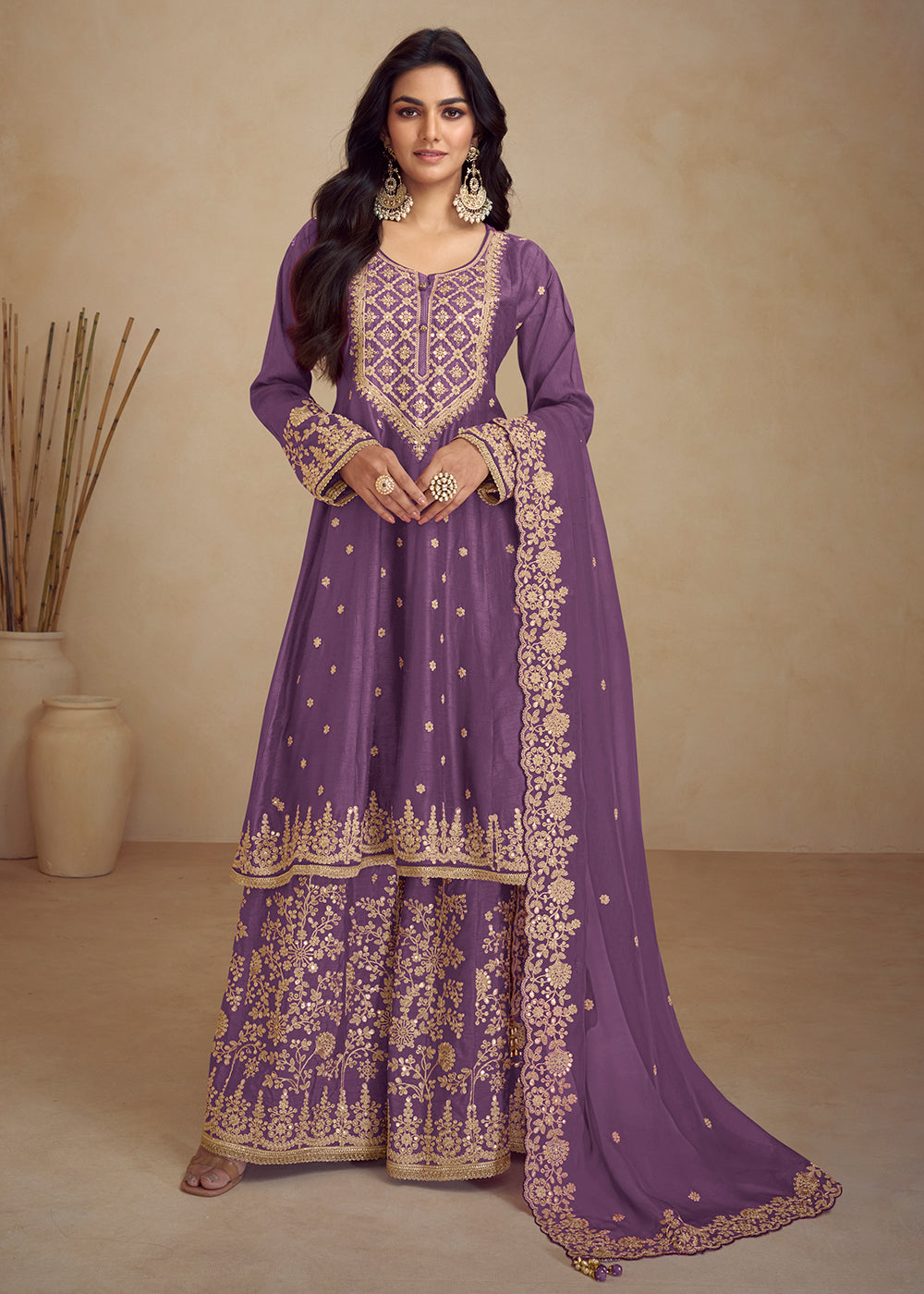 Buy Now Designer Real Chinnon Purple Embroidered Palazzo Suit Online in USA, UK, Canada, Germany, Australia & Worldwide at Empress Clothing.