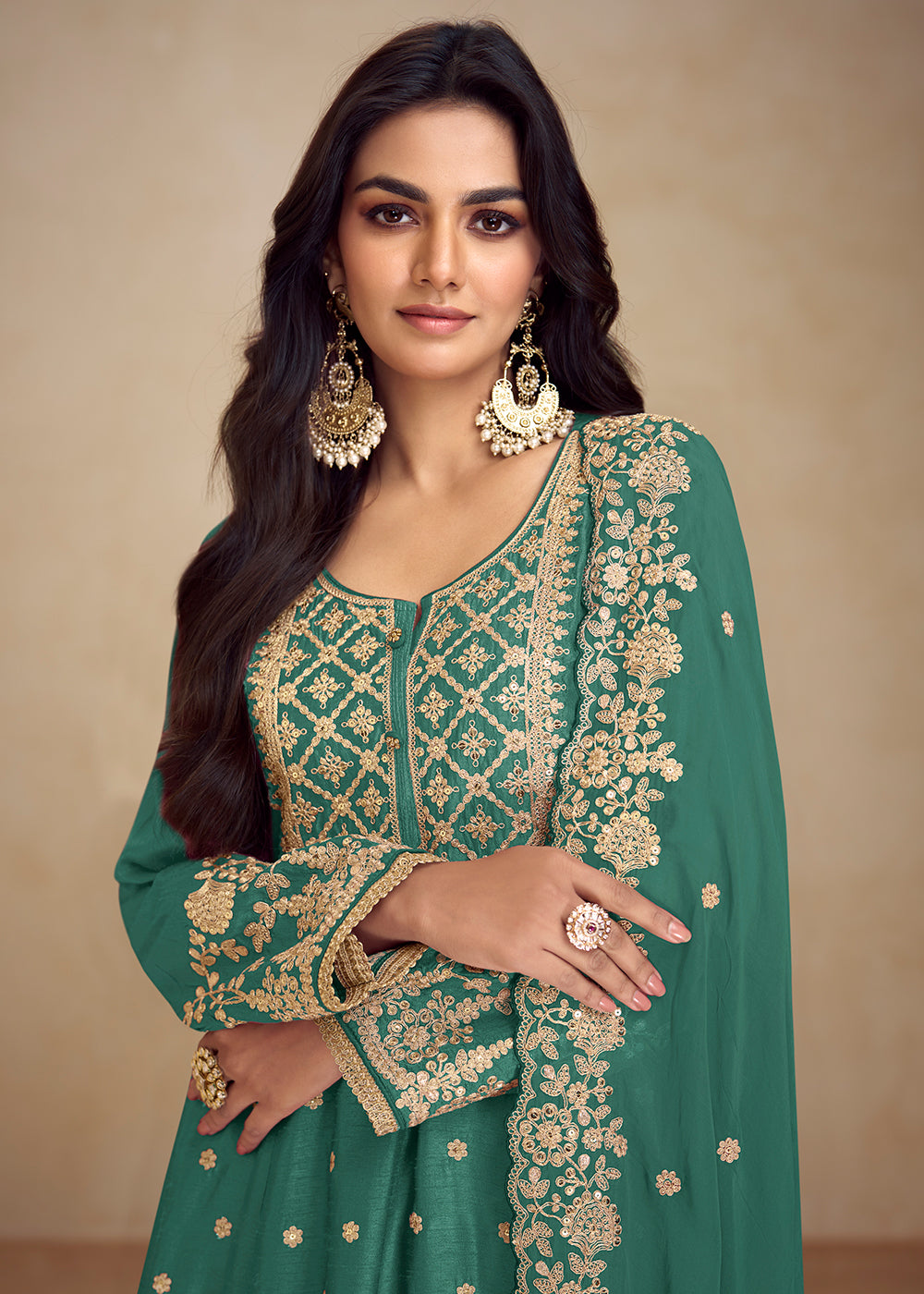 Buy Now Designer Real Chinnon Green Embroidered Palazzo Suit Online in USA, UK, Canada, Germany, Australia & Worldwide at Empress Clothing. 