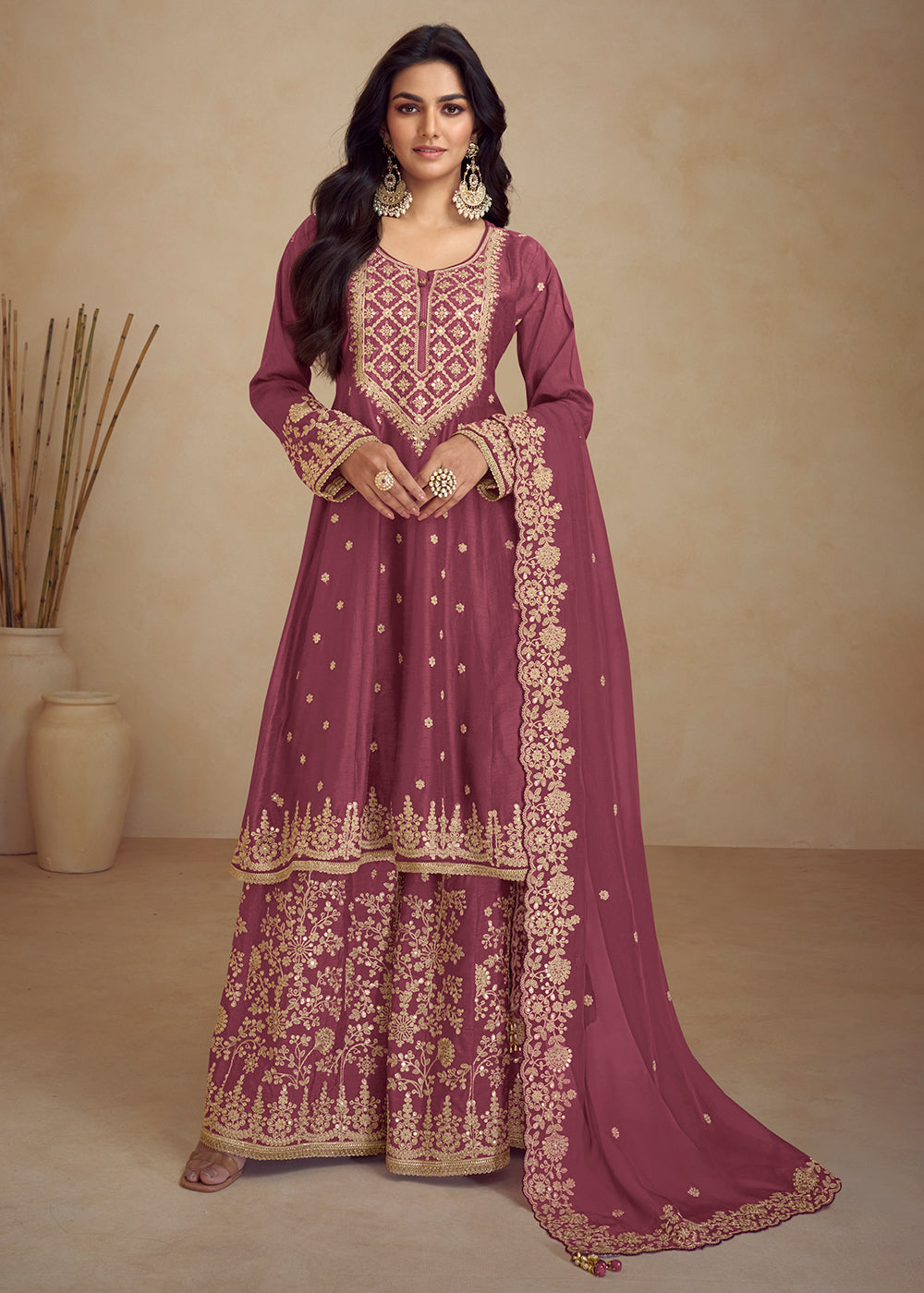 Buy Now Designer Real Chinnon Pink Embroidered Palazzo Suit Online in USA, UK, Canada, Germany, Australia & Worldwide at Empress Clothing.