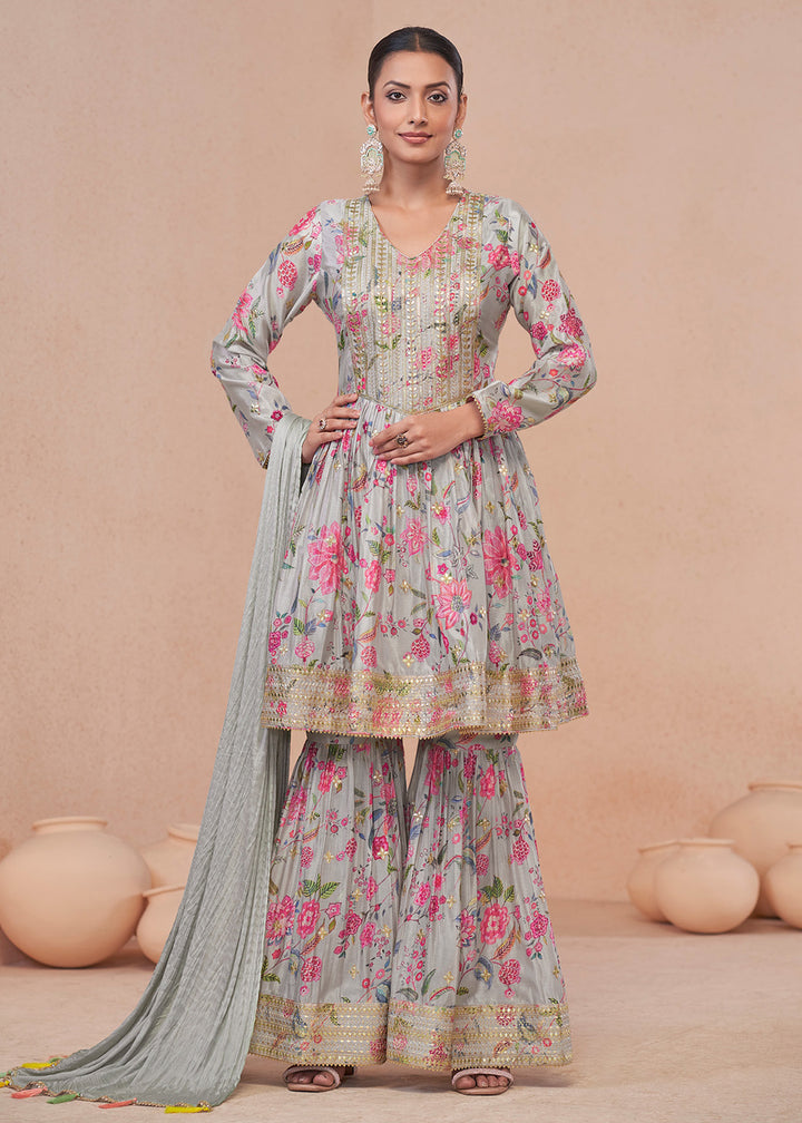 Shop Now Soft Grey Embroidered & Digital Printed Festive Gharara Suit Online at Empress Clothing in USA, UK, Canada, Italy & Worldwide.