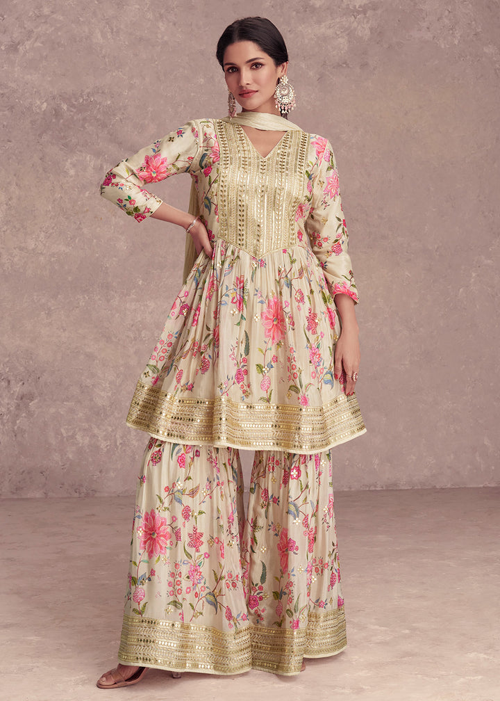 Shop Now Cream Embroidered & Digital Printed Festive Gharara Suit Online at Empress Clothing in USA, UK, Canada, Italy & Worldwide.