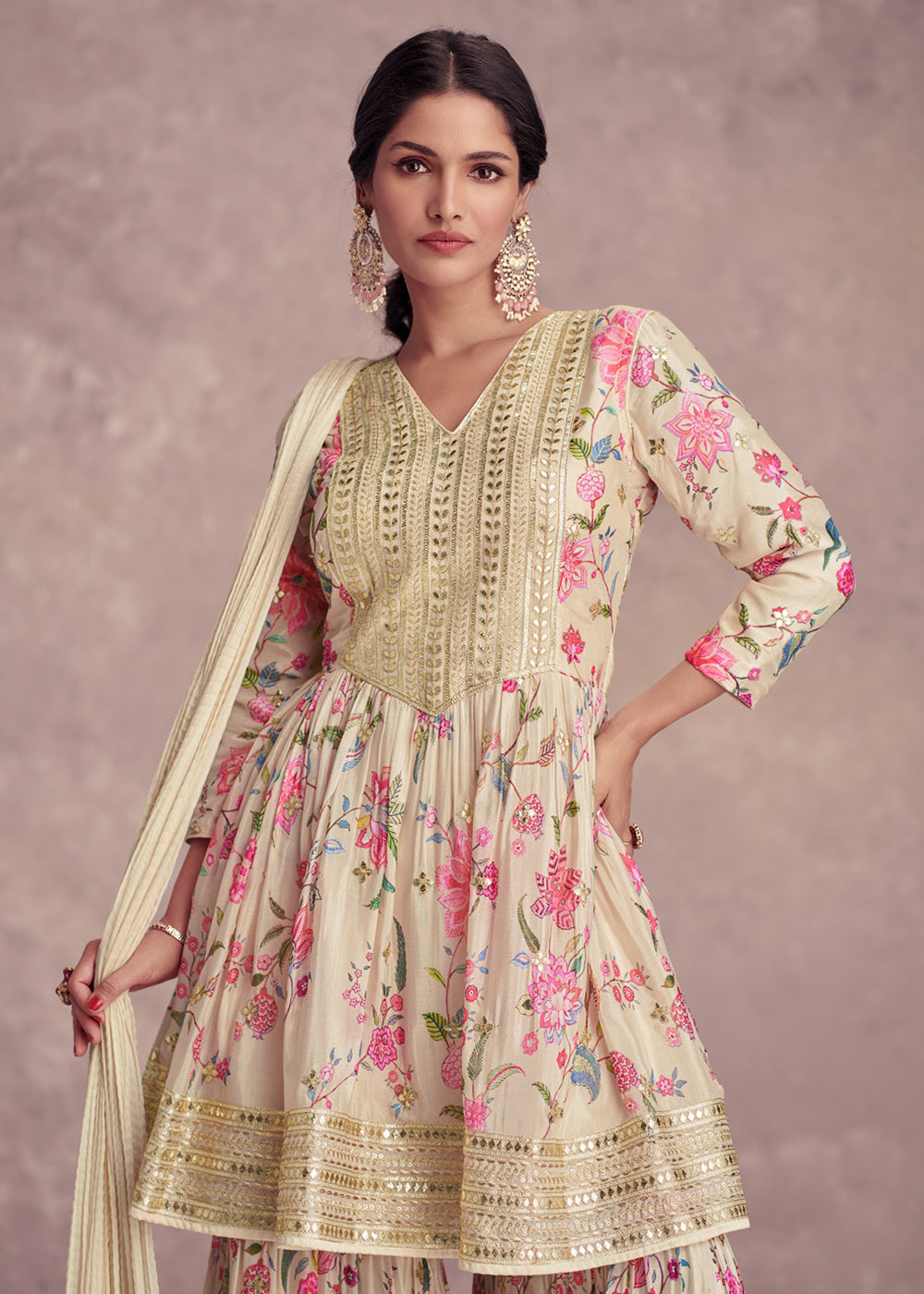 Shop Now Cream Embroidered & Digital Printed Festive Gharara Suit Online at Empress Clothing in USA, UK, Canada, Italy & Worldwide.