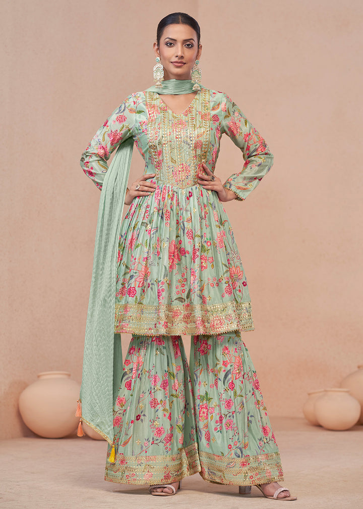 Shop Now Green Embroidered & Digital Printed Festive Gharara Suit Online at Empress Clothing in USA, UK, Canada, Italy & Worldwide.