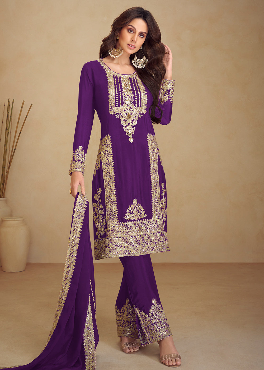 Buy Now Purple Real Chinnon Silk Pant Style Festive Dress Online in Newark, Yorktown, Toronto, London, Orlando, Munich, Chicago, Dubai & Worldwide at Empress.