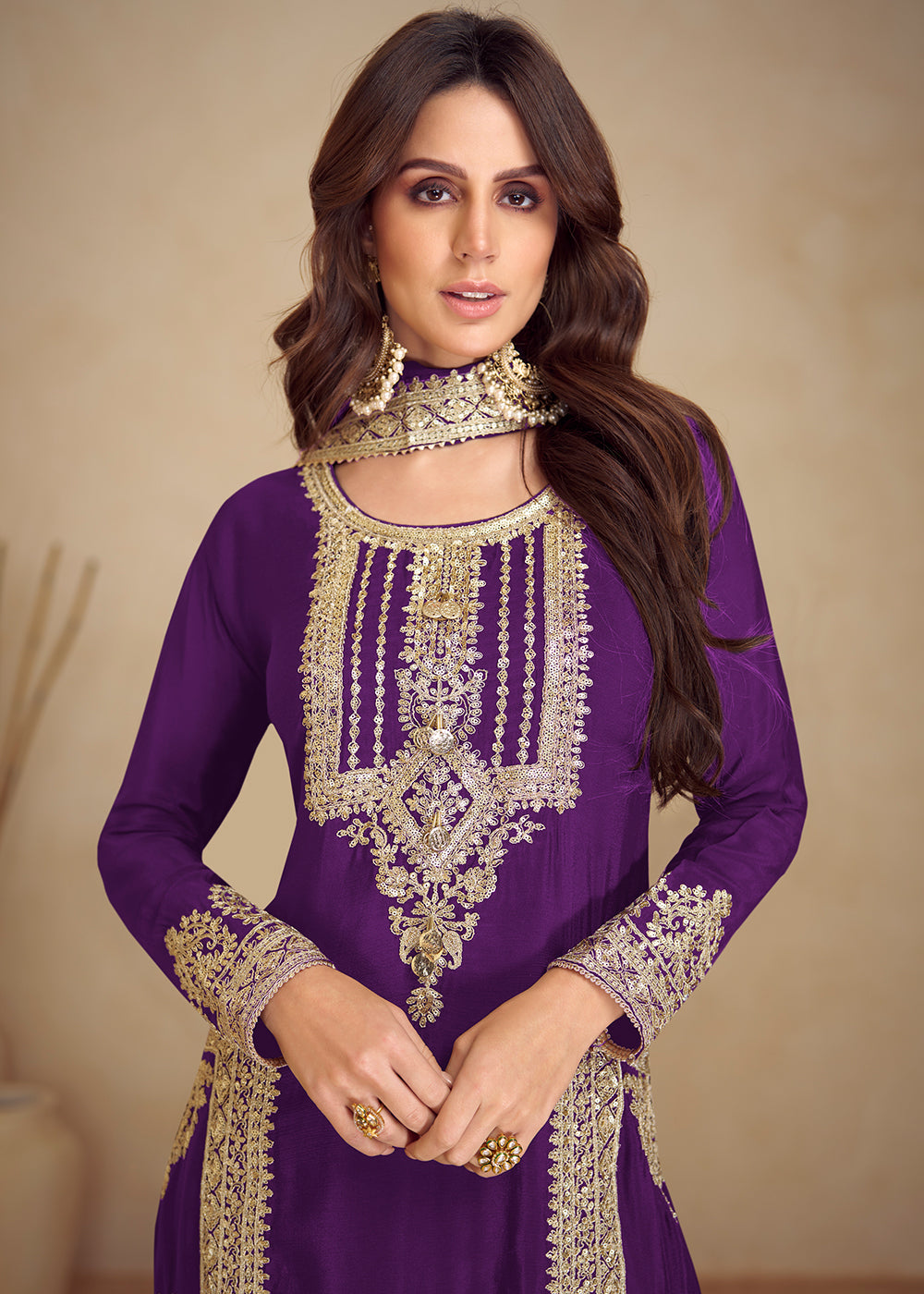 Buy Now Purple Real Chinnon Silk Pant Style Festive Dress Online in Newark, Yorktown, Toronto, London, Orlando, Munich, Chicago, Dubai & Worldwide at Empress.