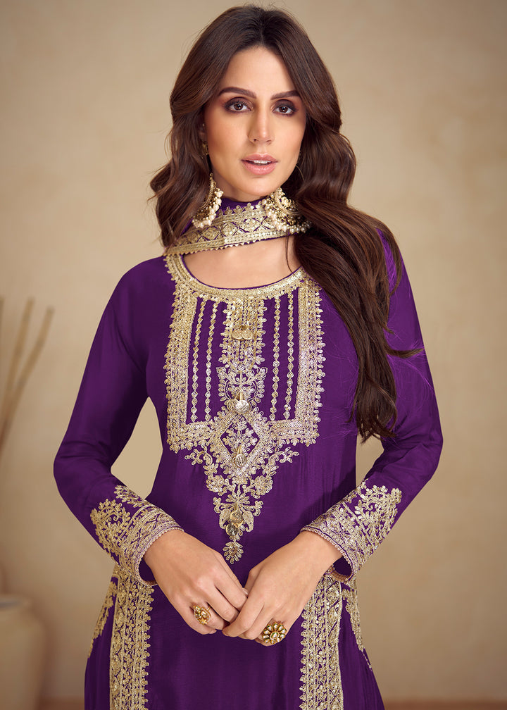 Buy Now Purple Real Chinnon Silk Pant Style Festive Dress Online in Newark, Yorktown, Toronto, London, Orlando, Munich, Chicago, Dubai & Worldwide at Empress.