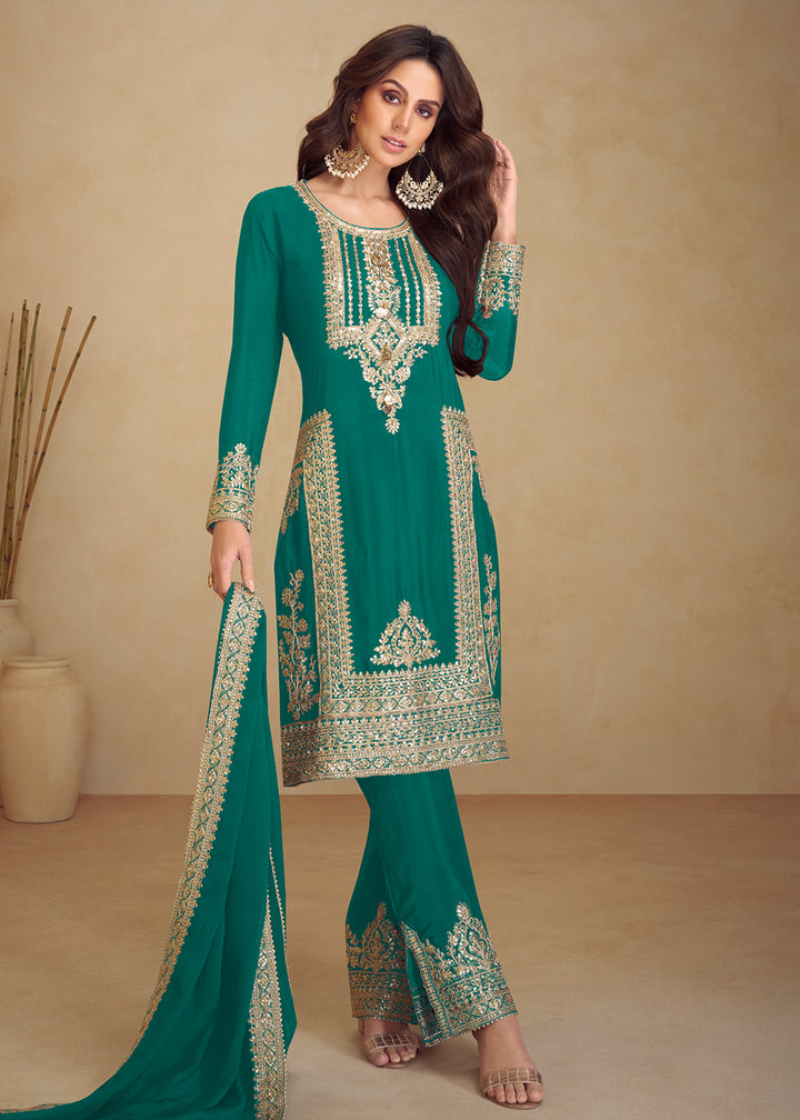 Buy Now Turquoise Real Chinnon Silk Pant Style Festive Dress Online in Newark, Yorktown, Toronto, London, Orlando, Munich, Chicago, Dubai & Worldwide at Empress.