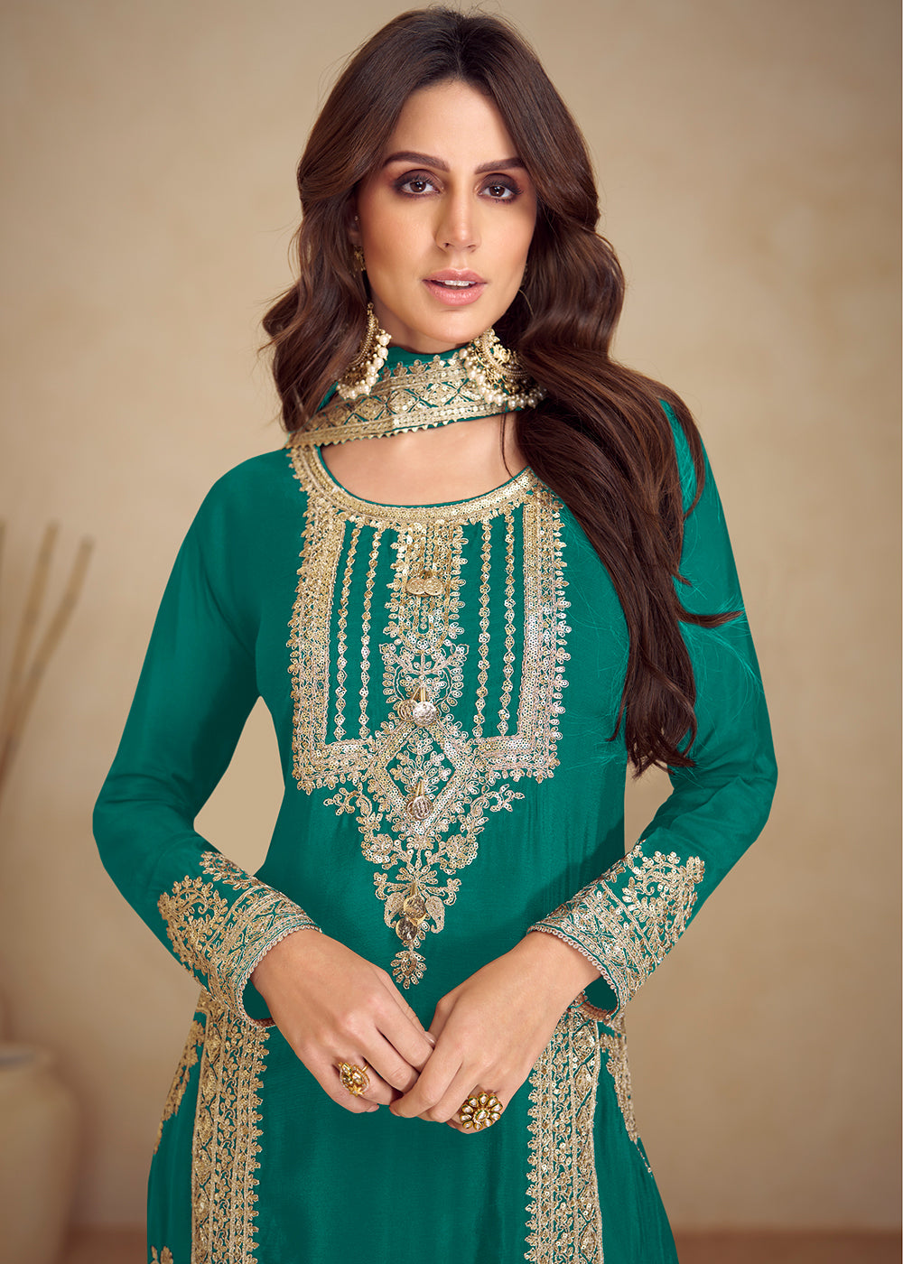 Buy Now Turquoise Real Chinnon Silk Pant Style Festive Dress Online in Newark, Yorktown, Toronto, London, Orlando, Munich, Chicago, Dubai & Worldwide at Empress.