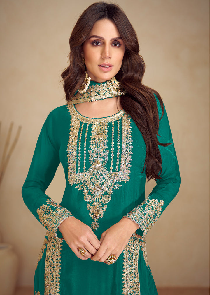 Buy Now Turquoise Real Chinnon Silk Pant Style Festive Dress Online in Newark, Yorktown, Toronto, London, Orlando, Munich, Chicago, Dubai & Worldwide at Empress.