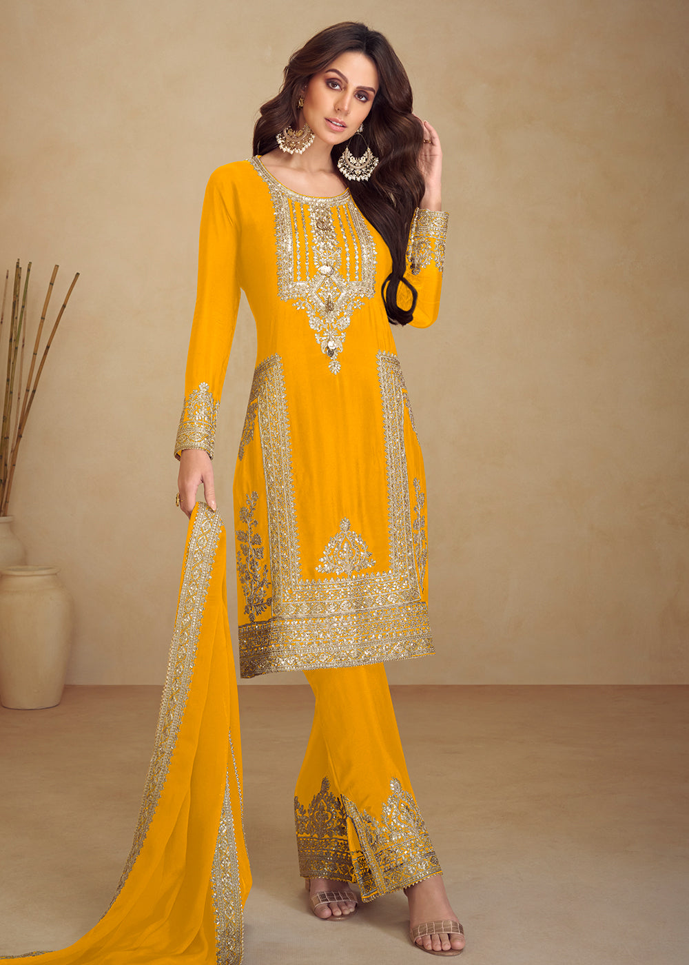 Buy Now Yellow Real Chinnon Silk Pant Style Festive Dress Online in Newark, Yorktown, Toronto, London, Orlando, Munich, Chicago, Dubai & Worldwide at Empress