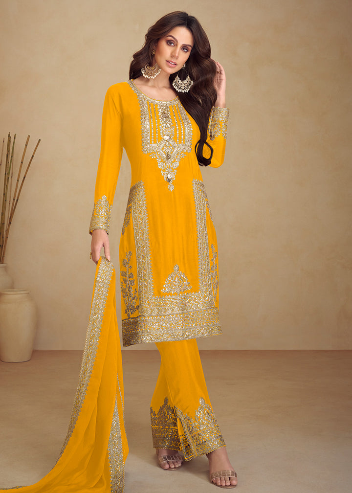 Buy Now Yellow Real Chinnon Silk Pant Style Festive Dress Online in Newark, Yorktown, Toronto, London, Orlando, Munich, Chicago, Dubai & Worldwide at Empress