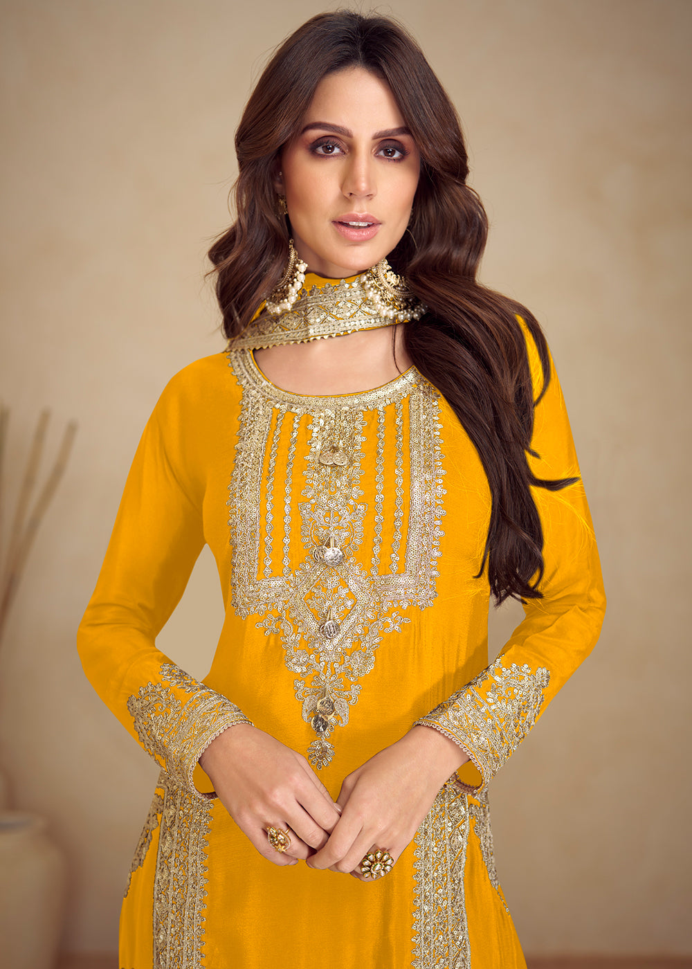 Buy Now Yellow Real Chinnon Silk Pant Style Festive Dress Online in Newark, Yorktown, Toronto, London, Orlando, Munich, Chicago, Dubai & Worldwide at Empress