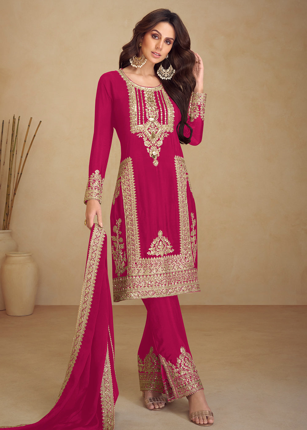Buy Now Pink Real Chinnon Silk Pant Style Festive Dress Online in Newark, Yorktown, Toronto, London, Orlando, Munich, Chicago, Dubai & Worldwide at Empress