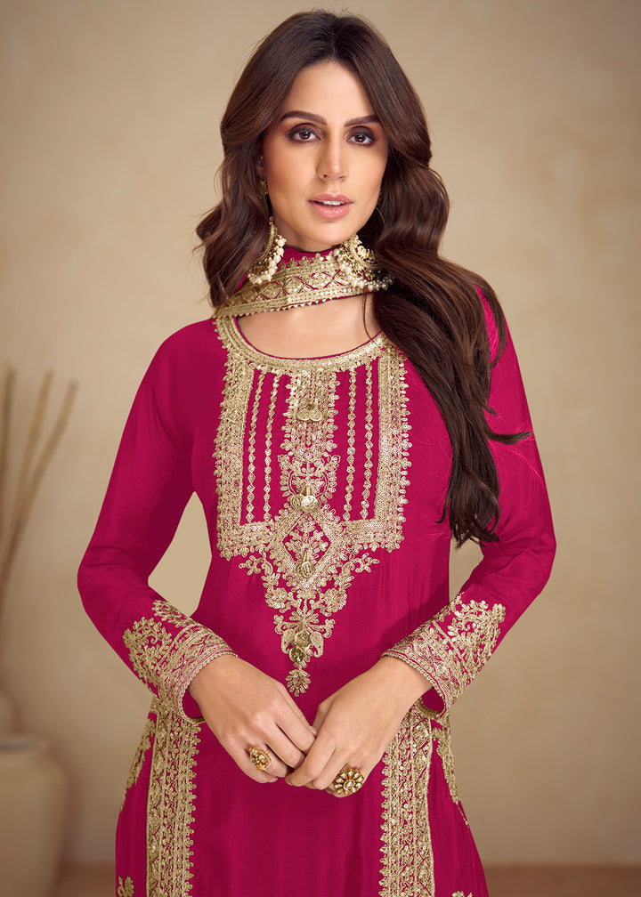 Buy Now Pink Real Chinnon Silk Pant Style Festive Dress Online in Newark, Yorktown, Toronto, London, Orlando, Munich, Chicago, Dubai & Worldwide at Empress