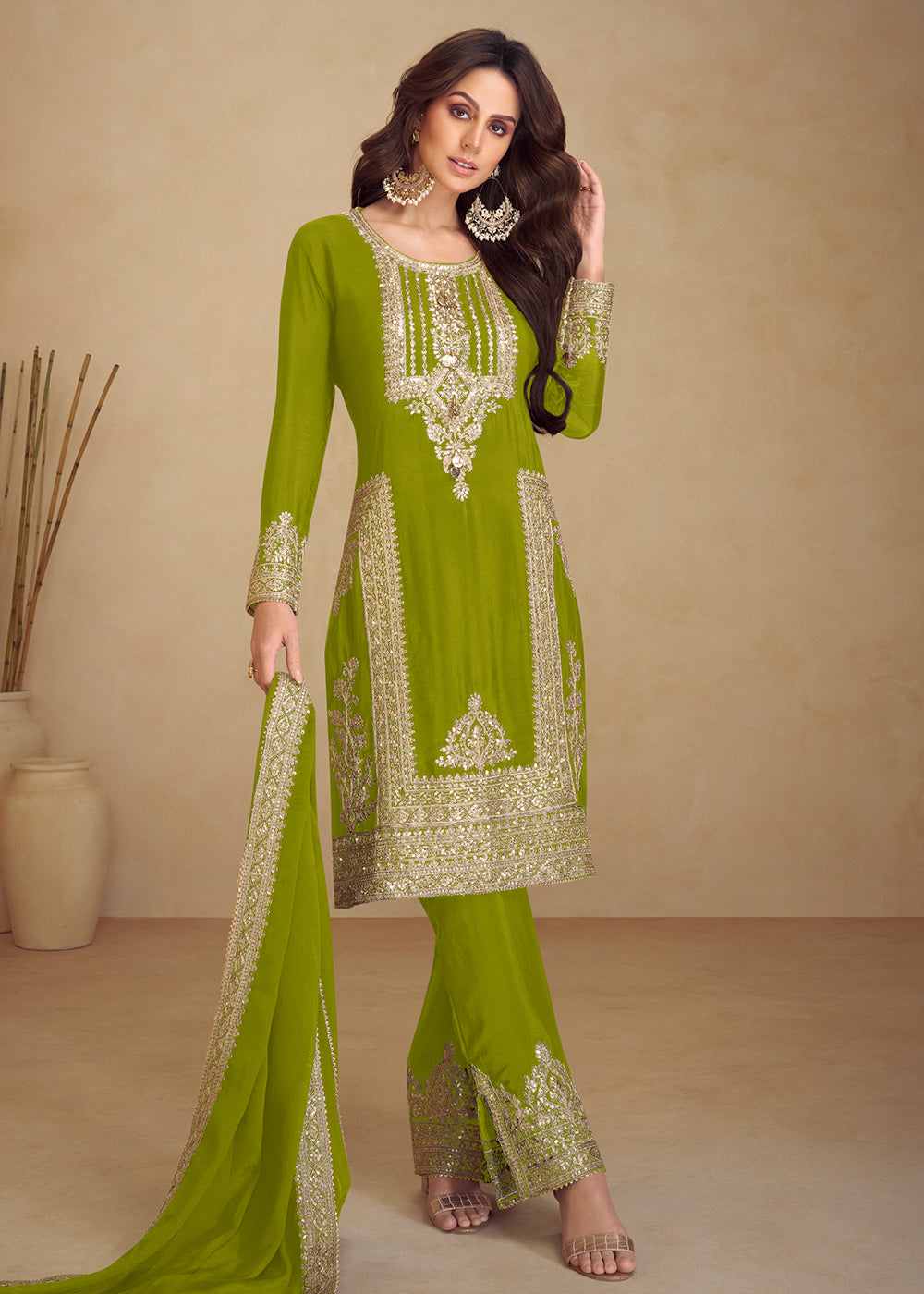 Buy Now Green Real Chinnon Silk Pant Style Festive Dress Online in Newark, Yorktown, Toronto, London, Orlando, Munich, Chicago, Dubai & Worldwide at Empress