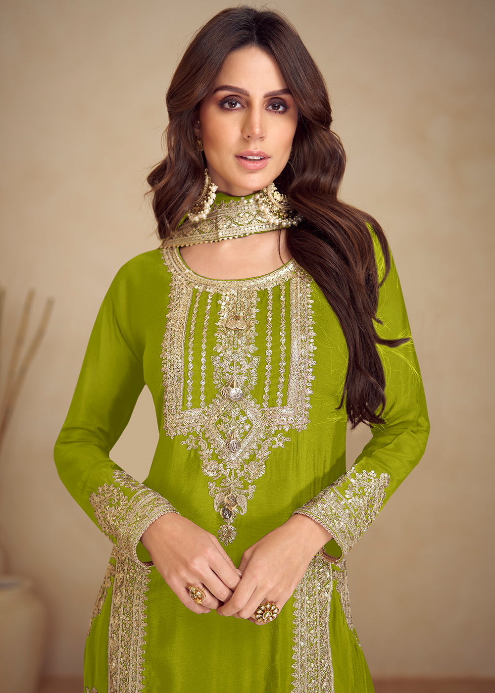 Buy Now Green Real Chinnon Silk Pant Style Festive Dress Online in Newark, Yorktown, Toronto, London, Orlando, Munich, Chicago, Dubai & Worldwide at Empress