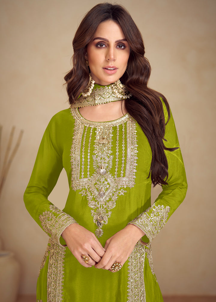 Buy Now Green Real Chinnon Silk Pant Style Festive Dress Online in Newark, Yorktown, Toronto, London, Orlando, Munich, Chicago, Dubai & Worldwide at Empress