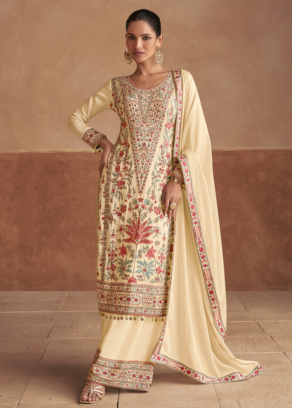 Buy Now Cream Handwork Embroidered Festive Palazzo Style Suit Online in USA, UK, Canada, Germany, Australia & Worldwide at Empress Clothing.