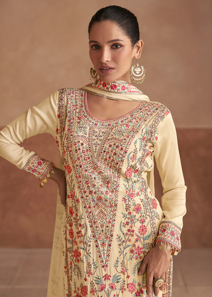 Buy Now Cream Handwork Embroidered Festive Palazzo Style Suit Online in USA, UK, Canada, Germany, Australia & Worldwide at Empress Clothing.