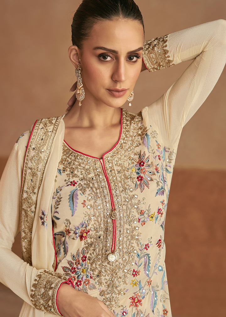 Buy Now Real Chinnon Silk Cream Embellished Festive Palazzo Suit Online in USA, UK, Canada, Germany & Worldwide at Empress Clothing.