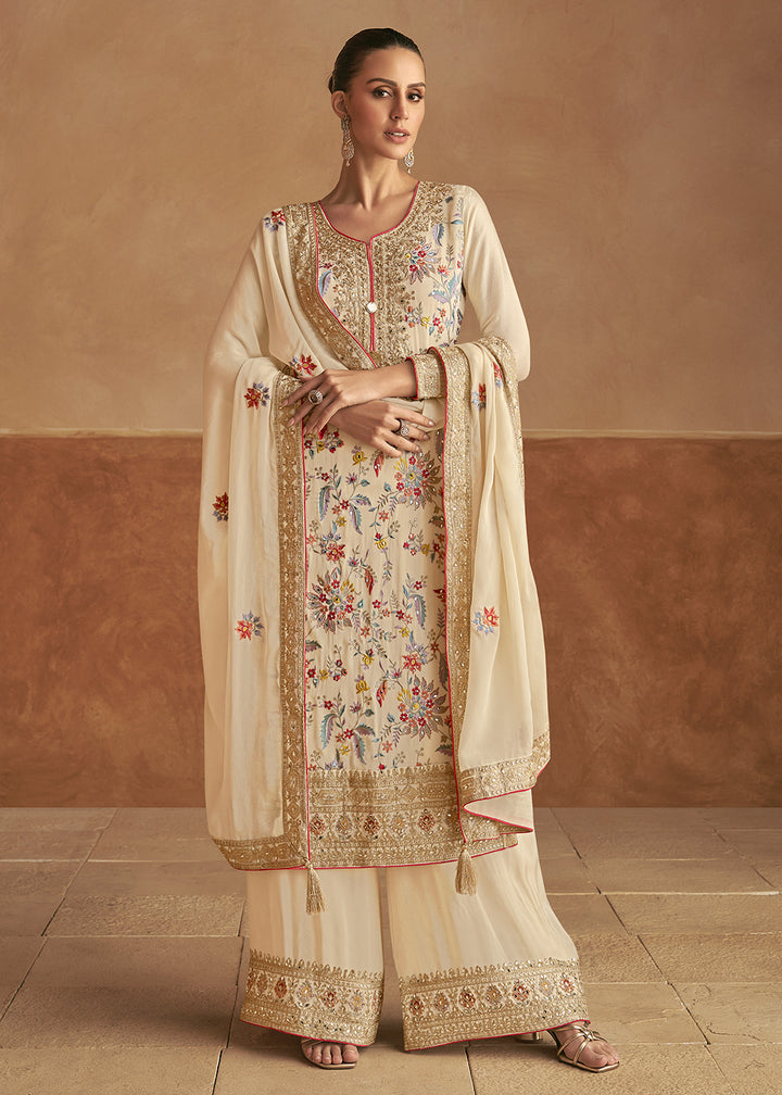 Buy Now Real Chinnon Silk Cream Embellished Festive Palazzo Suit Online in USA, UK, Canada, Germany & Worldwide at Empress Clothing.