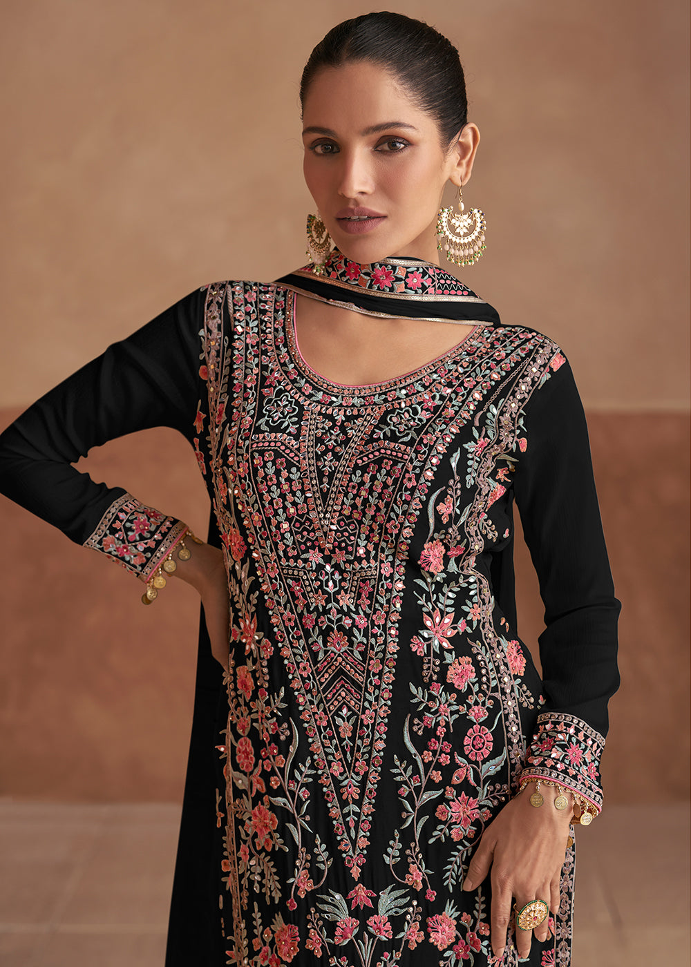 Buy Now Black Handwork Embroidered Festive Palazzo Style Suit Online in USA, UK, Canada, Germany, Australia & Worldwide at Empress Clothing. 