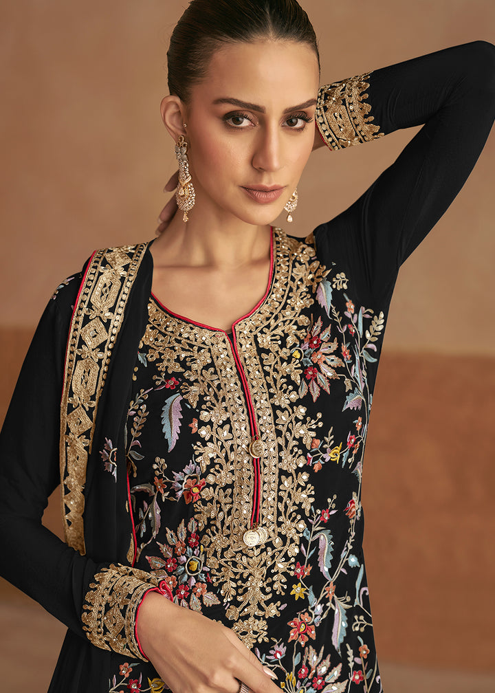 Buy Now Real Chinnon Silk Black Embellished Festive Palazzo Suit Online in USA, UK, Canada, Germany & Worldwide at Empress Clothing. 