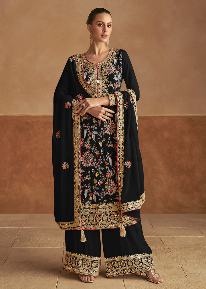 Buy Now Real Chinnon Silk Black Embellished Festive Palazzo Suit Online in USA, UK, Canada, Germany & Worldwide at Empress Clothing. 