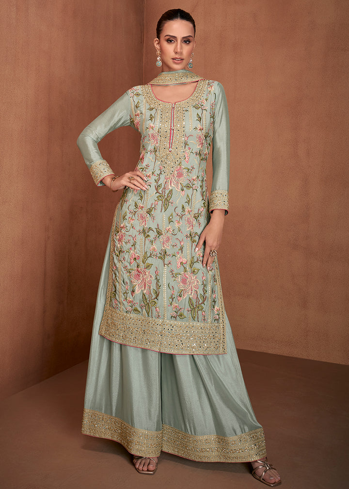 Buy Now Mint Green Floral Embroidered Designer Palazzo Suit Online in USA, UK, Canada, Germany, Australia & Worldwide at Empress Clothing.