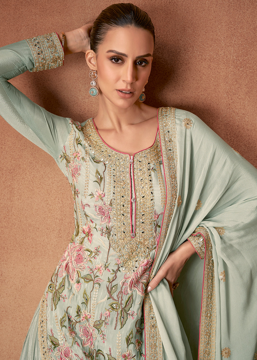 Buy Now Mint Green Floral Embroidered Designer Palazzo Suit Online in USA, UK, Canada, Germany, Australia & Worldwide at Empress Clothing.