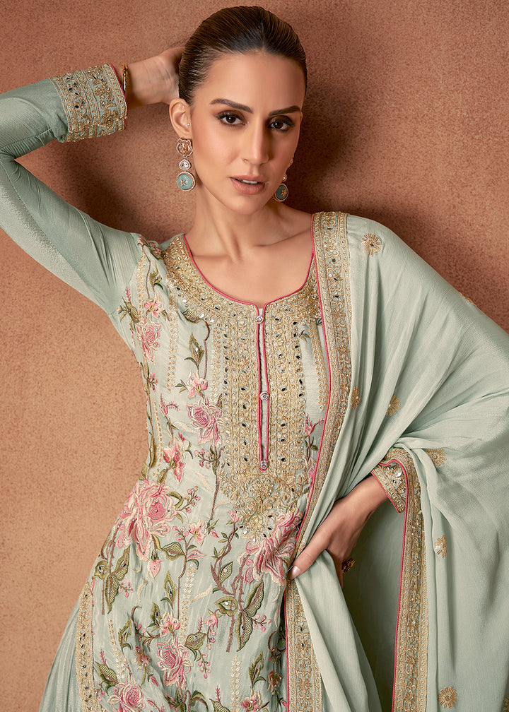 Buy Now Mint Green Floral Embroidered Designer Palazzo Suit Online in USA, UK, Canada, Germany, Australia & Worldwide at Empress Clothing.