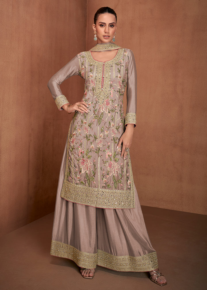 Buy Now Mauve Beige Floral Embroidered Designer Palazzo Suit Online in USA, UK, Canada, Germany, Australia & Worldwide at Empress Clothing. 