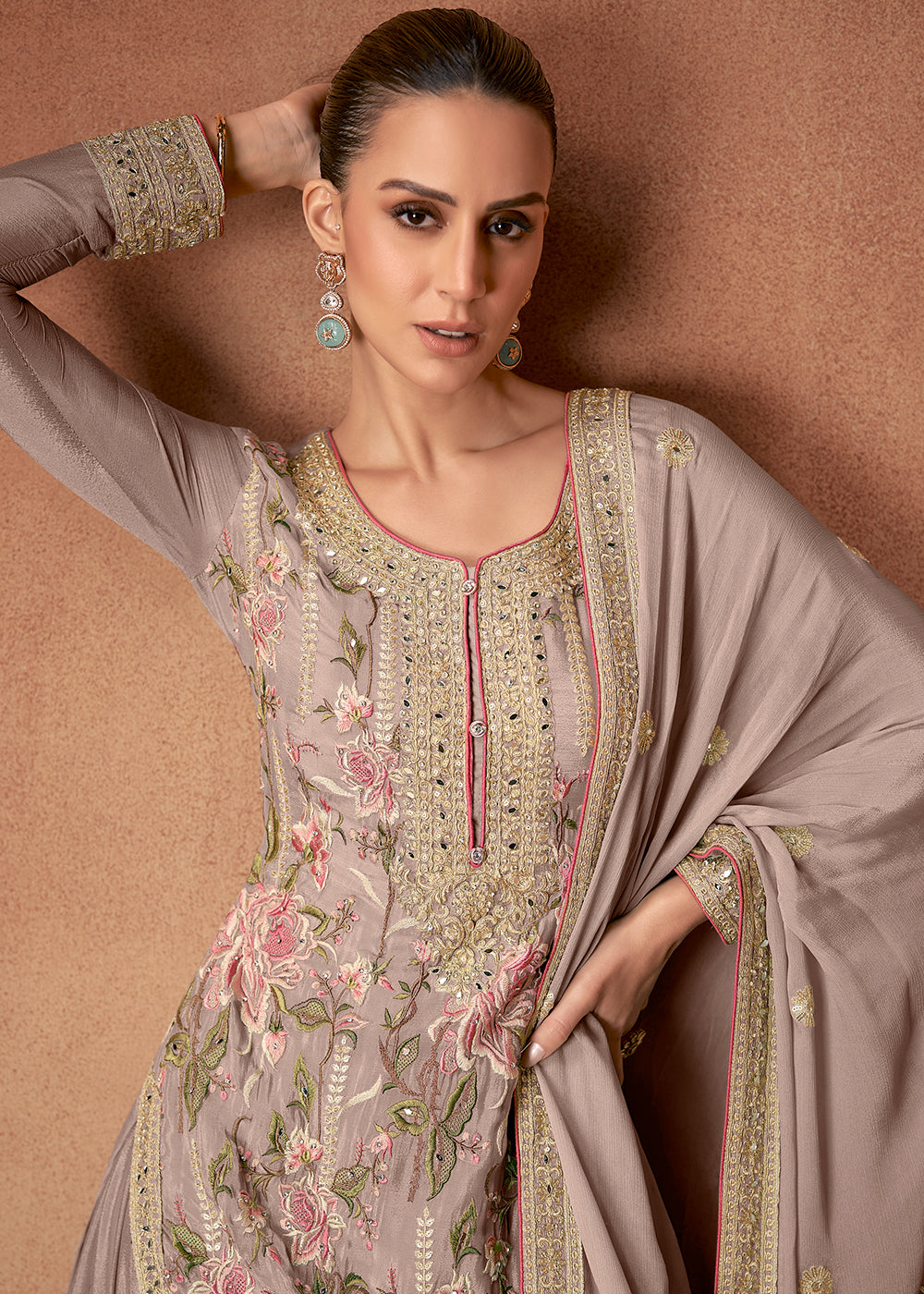 Buy Now Mauve Beige Floral Embroidered Designer Palazzo Suit Online in USA, UK, Canada, Germany, Australia & Worldwide at Empress Clothing. 