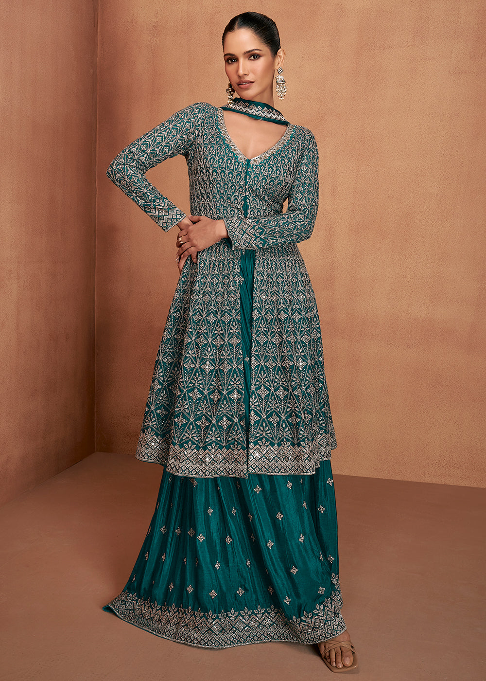Buy Now Teal Green Real Chinnon Festive Trendy Palazzo Suit Online in Newark, Miami, Toronto, London, Bayern, Austin, Denver, New York & Worldwide at Empress.