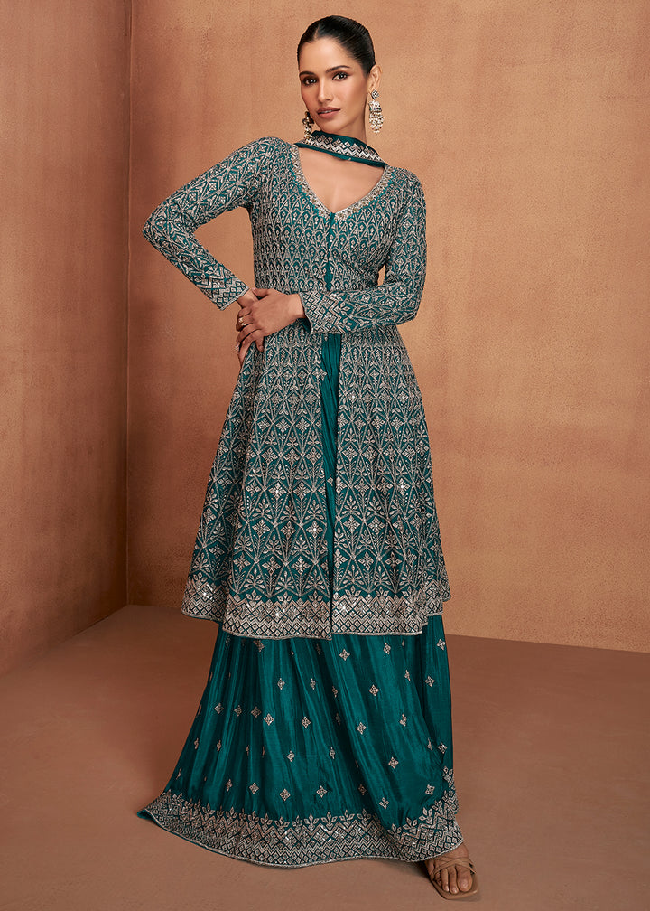 Buy Now Teal Green Real Chinnon Festive Trendy Palazzo Suit Online in Newark, Miami, Toronto, London, Bayern, Austin, Denver, New York & Worldwide at Empress.