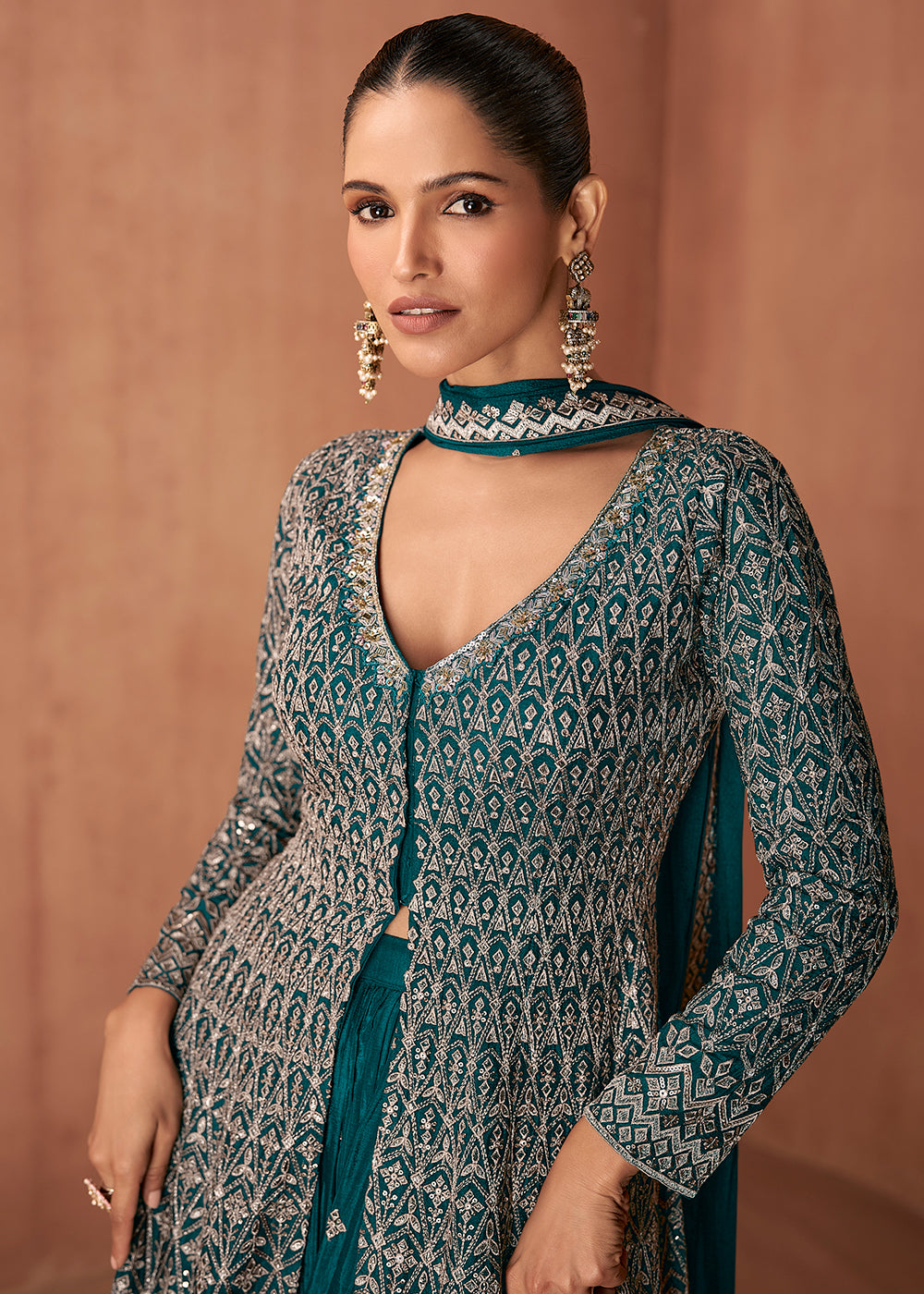 Buy Now Teal Green Real Chinnon Festive Trendy Palazzo Suit Online in Newark, Miami, Toronto, London, Bayern, Austin, Denver, New York & Worldwide at Empress.