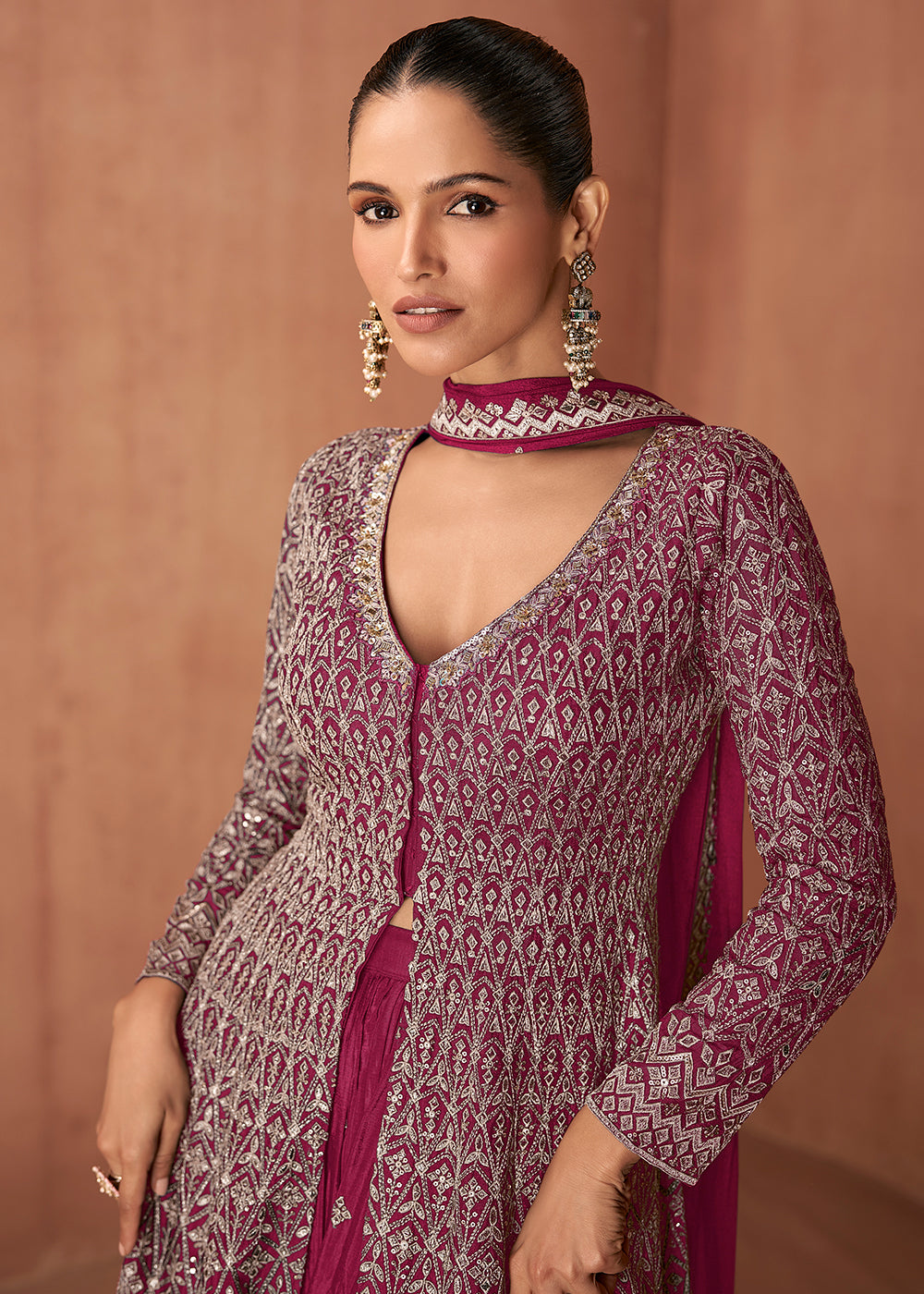 Buy Now Pink Real Chinnon Festive Trendy Palazzo Suit Online in Newark, Orlando, Toronto, Manchester, Bayern, Austin, Denver, New York & Worldwide at Empress.