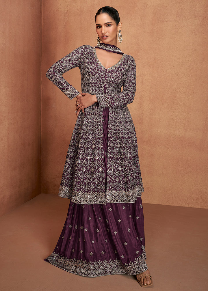 Buy Now Dusty Purple Real Chinnon Festive Trendy Palazzo Suit Online in Newark, Orlando, Toronto, Manchester, Bayern, Austin, New York & Worldwide at Empress.
