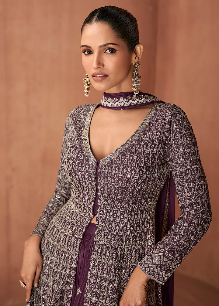 Buy Now Dusty Purple Real Chinnon Festive Trendy Palazzo Suit Online in Newark, Orlando, Toronto, Manchester, Bayern, Austin, New York & Worldwide at Empress.