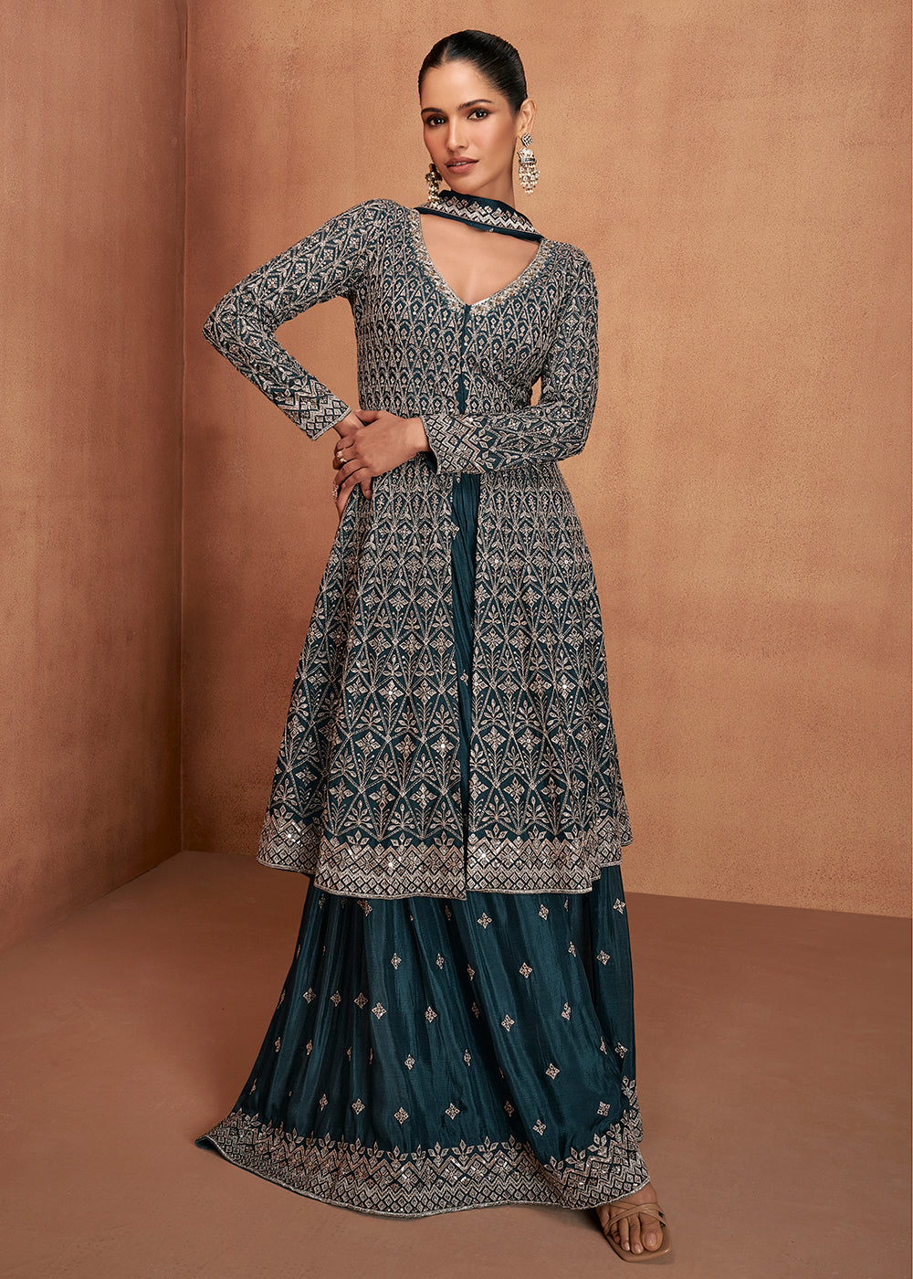 Buy Now Teal Blue Real Chinnon Festive Trendy Palazzo Suit Online in Newark, Orlando, Toronto, Manchester, Bayern, Austin, New York & Worldwide at Empress.