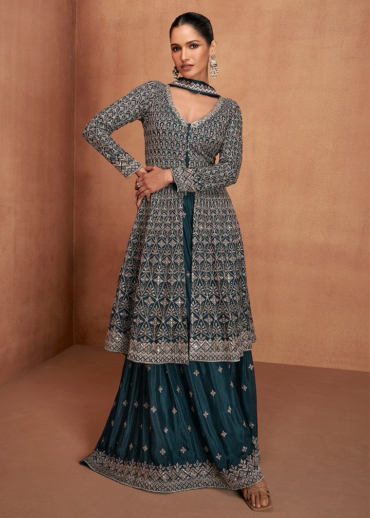 Buy Now Teal Blue Real Chinnon Festive Trendy Palazzo Suit Online in Newark, Orlando, Toronto, Manchester, Bayern, Austin, New York & Worldwide at Empress.