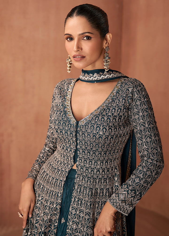 Buy Now Teal Blue Real Chinnon Festive Trendy Palazzo Suit Online in Newark, Orlando, Toronto, Manchester, Bayern, Austin, New York & Worldwide at Empress.