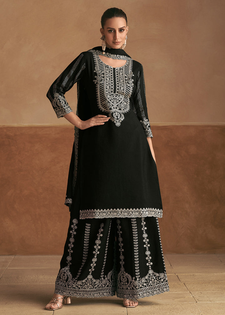 Buy Now Embroidered Black Real Chinnon Palazzo Style Suit Online in USA, UK, Canada, Germany & Worldwide at Empress Clothing. 