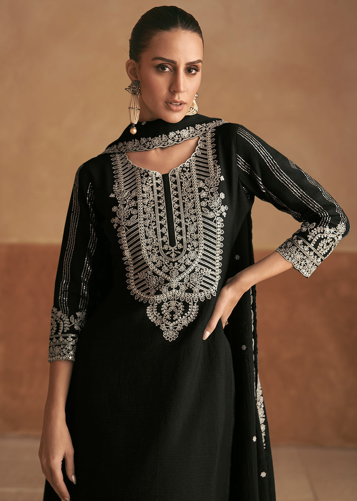 Buy Now Embroidered Black Real Chinnon Palazzo Style Suit Online in USA, UK, Canada, Germany & Worldwide at Empress Clothing. 